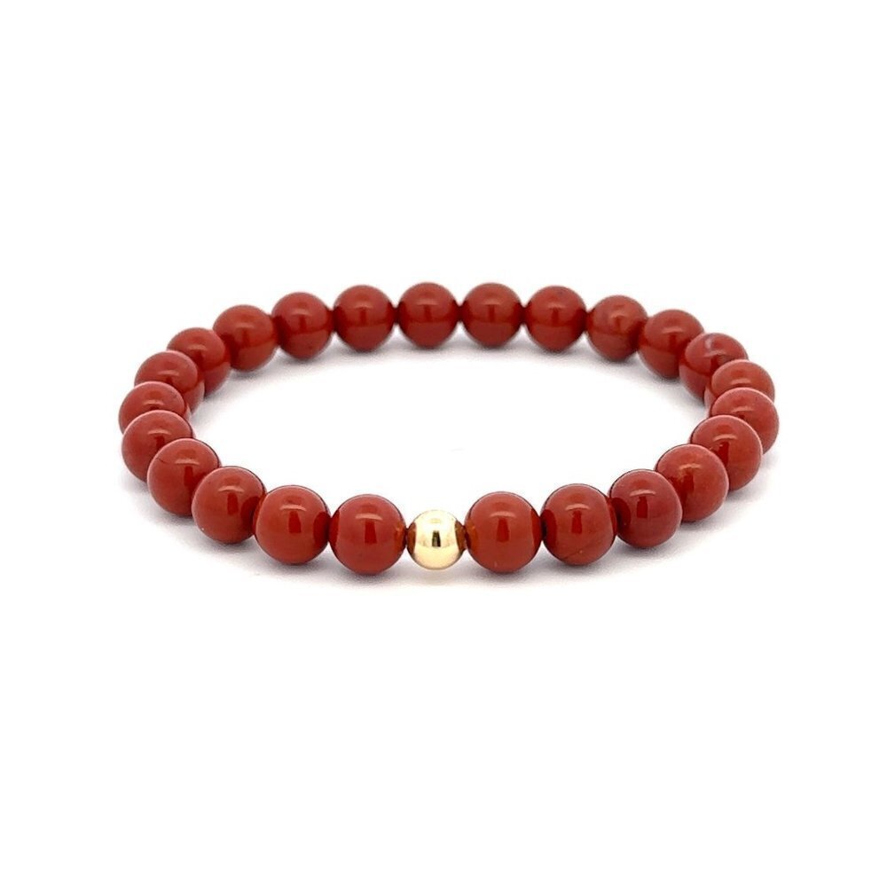 Natural Red Jasper Gemstones 6mm Stretchable Bracelet 18k Gold Bead Charm